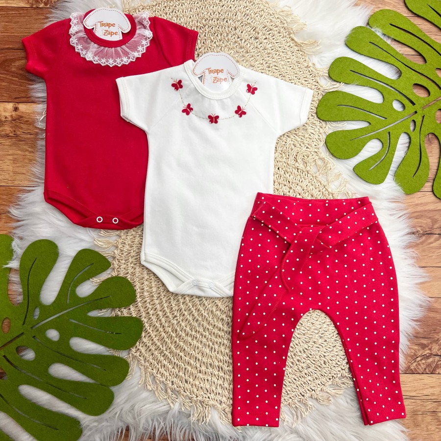 Conj. de Malha 3 peças - Borboletas com Poá - Vermelho e Off White